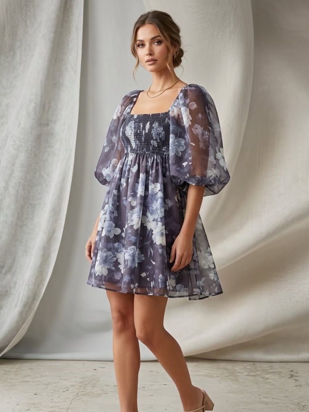 Abercrombie & Fitch Emerson Puff Sleeve Mini Dress Blue Floral Size LT EUC